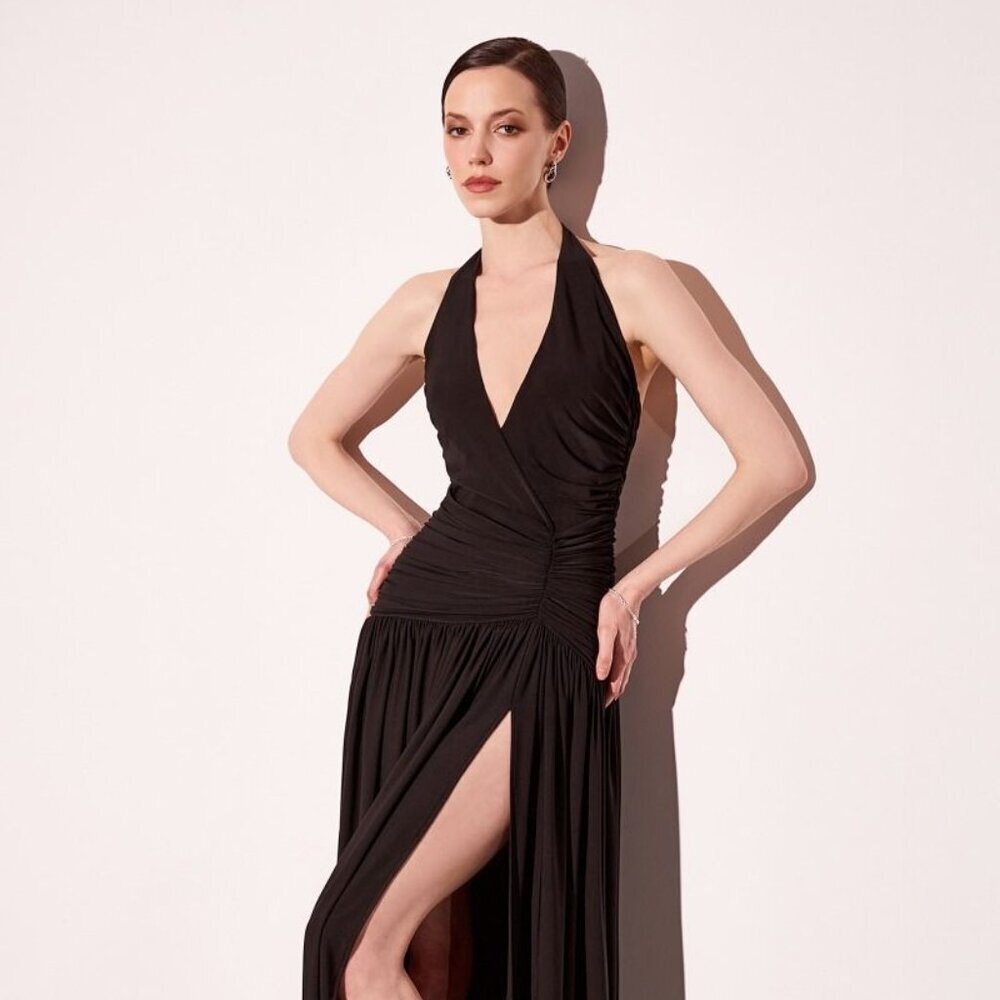 New A-Line Formal Sleeveless Dress w/ Halter Neckline & Ruched Waistline CD T502 - Picture 4 of 10